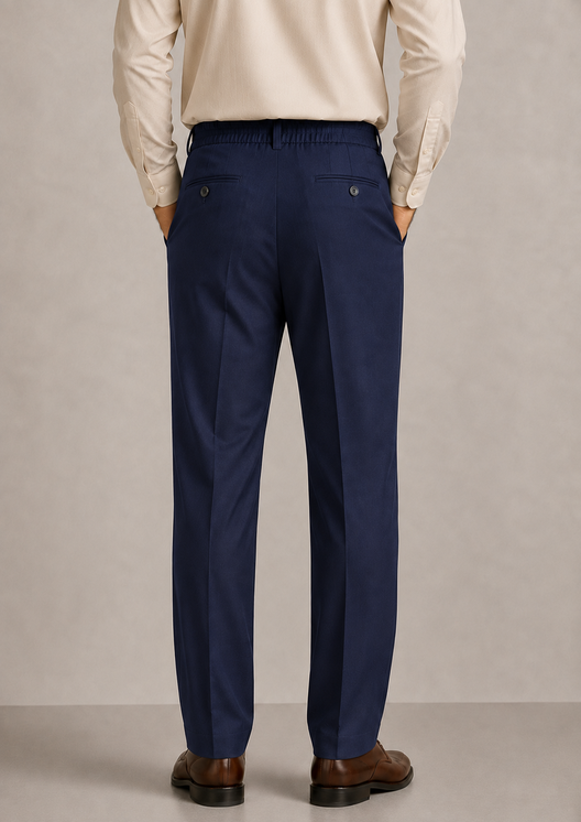 Navy Elasticated Single-Pleat Straight Dress Pants