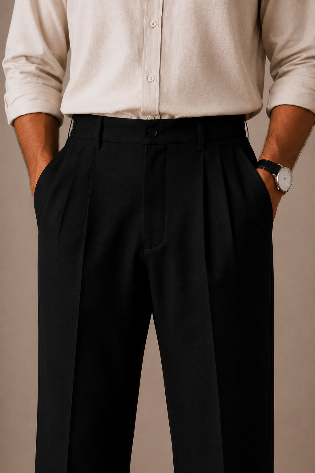 Black Side Elasticated Double-Pleat Straight Dress Pants