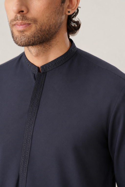 Formal Navy Blue Kurta Shalwar - Collar Neck Embroidered - Men