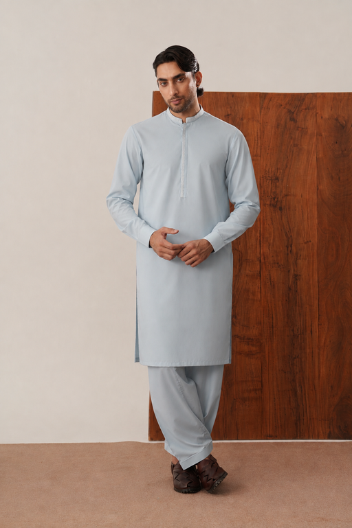 Formal Sky Blue Kurta Shalwar - Collar Neck Embroidered - Men