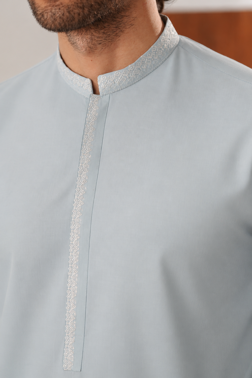 Formal Sky Blue Kurta Shalwar - Collar Neck Embroidered - Men