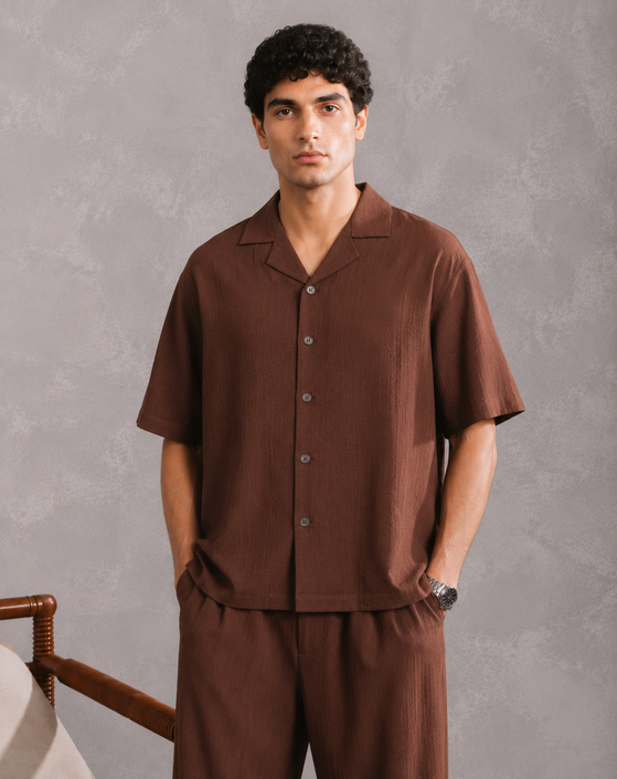 Brown Cotton Blended Coord Set - 2PC - Men