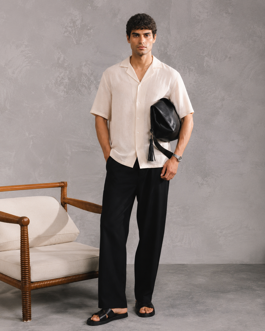 Off white Linen Blended Boxy Shirt - Men