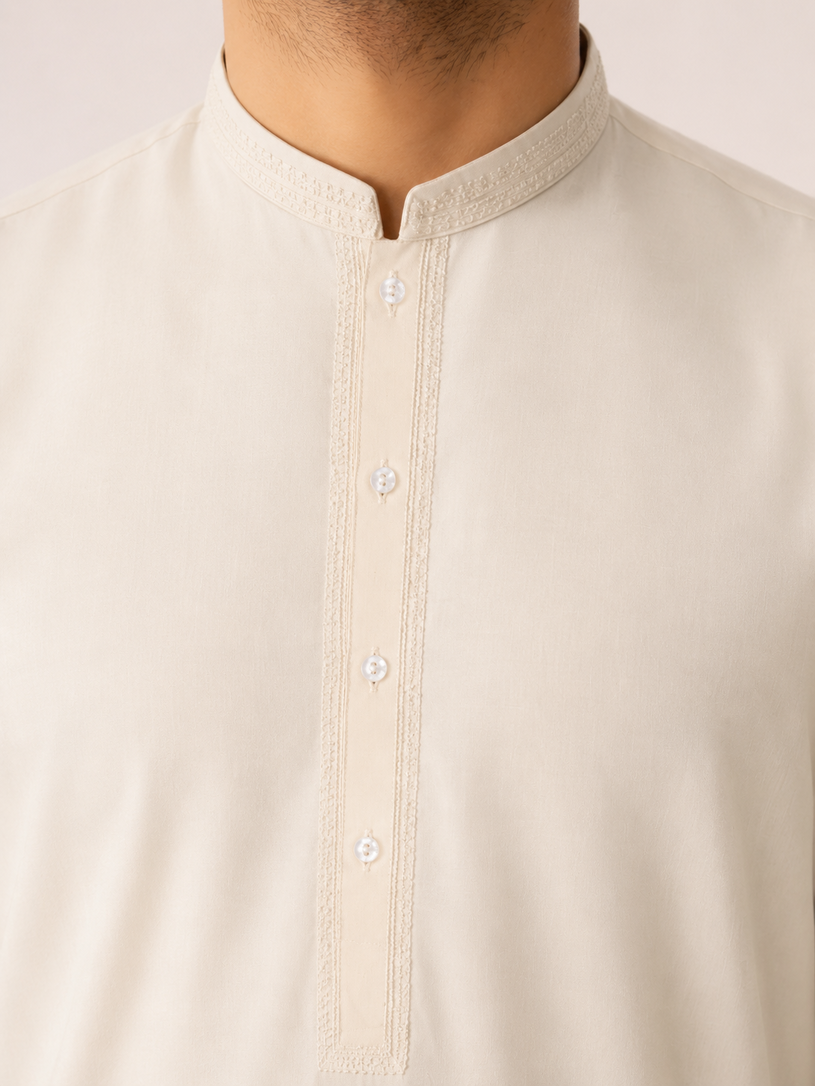 Formal Bosky White Kurta Shalwar - Collar Neck Embroidered - Men