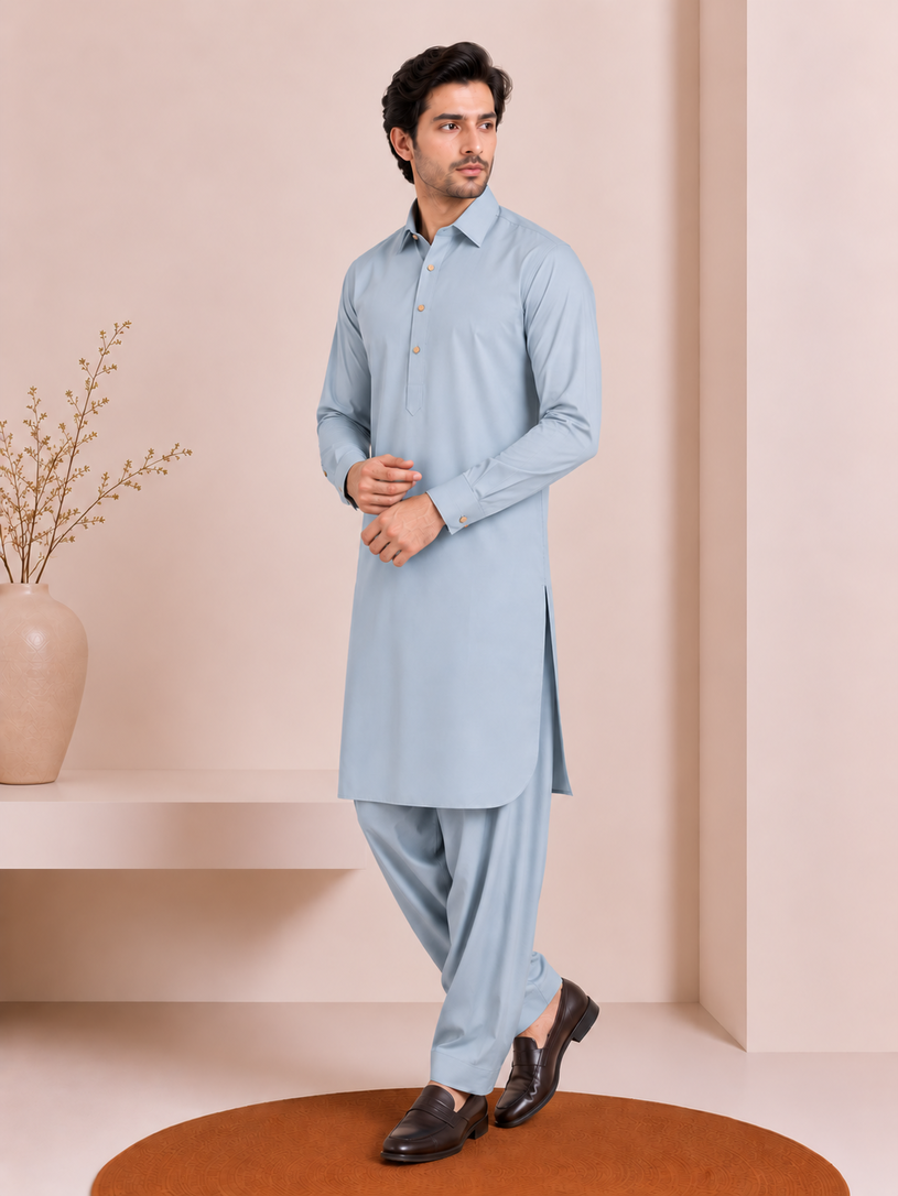 Sky Blue French Collar Kameez Shalwar - Men