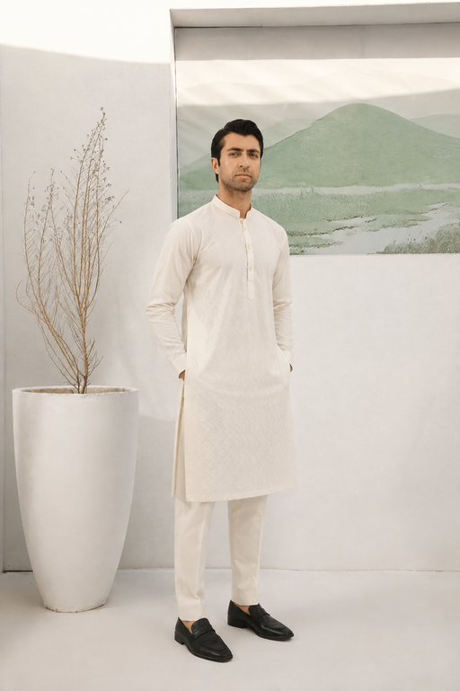 Off White Cotton Embroidered Kurta Trouser - Men