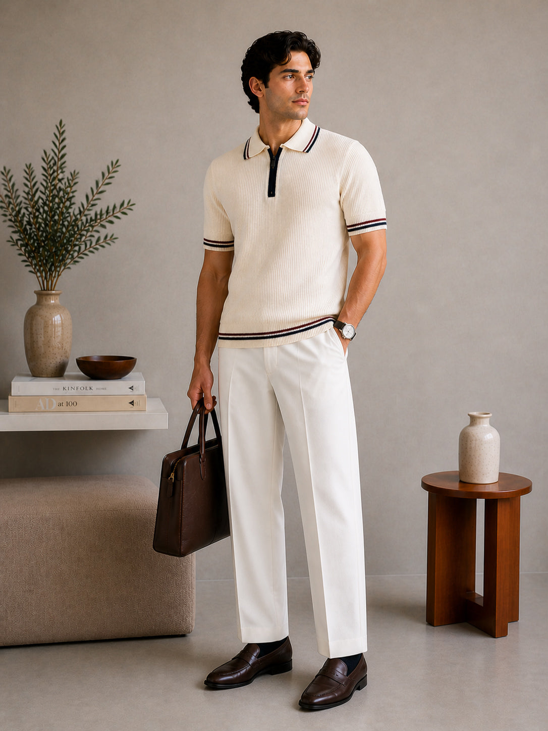 Ecru Riviera Zip Knit Polo - Men