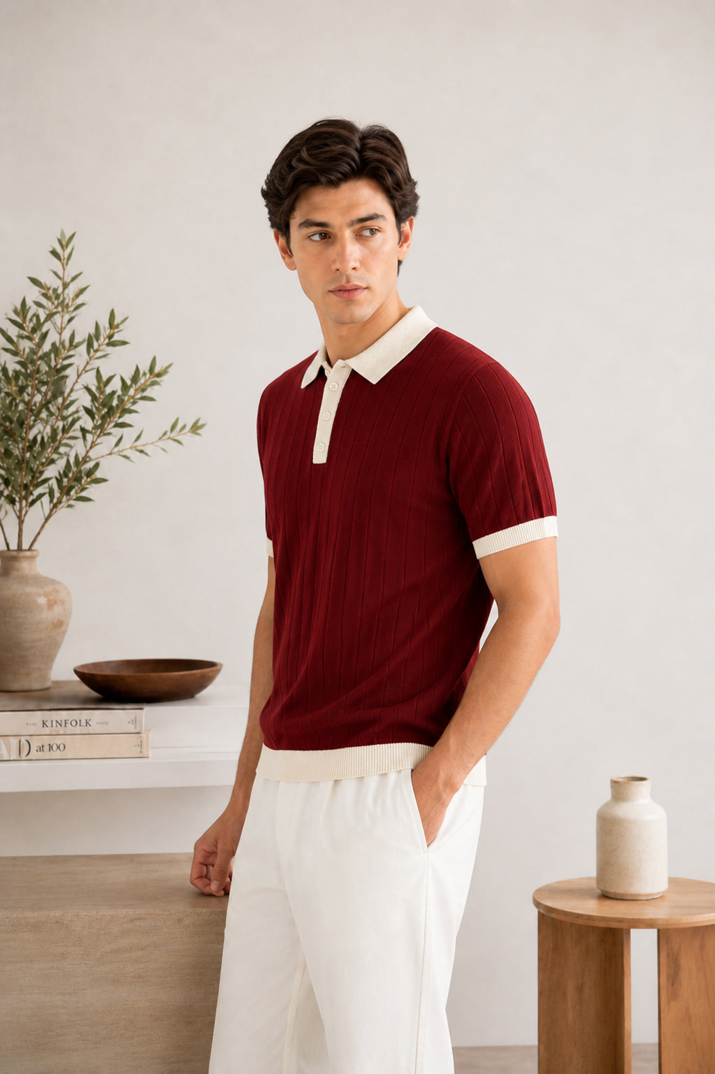 Maroon Classic Contrast Knit Polo - Men