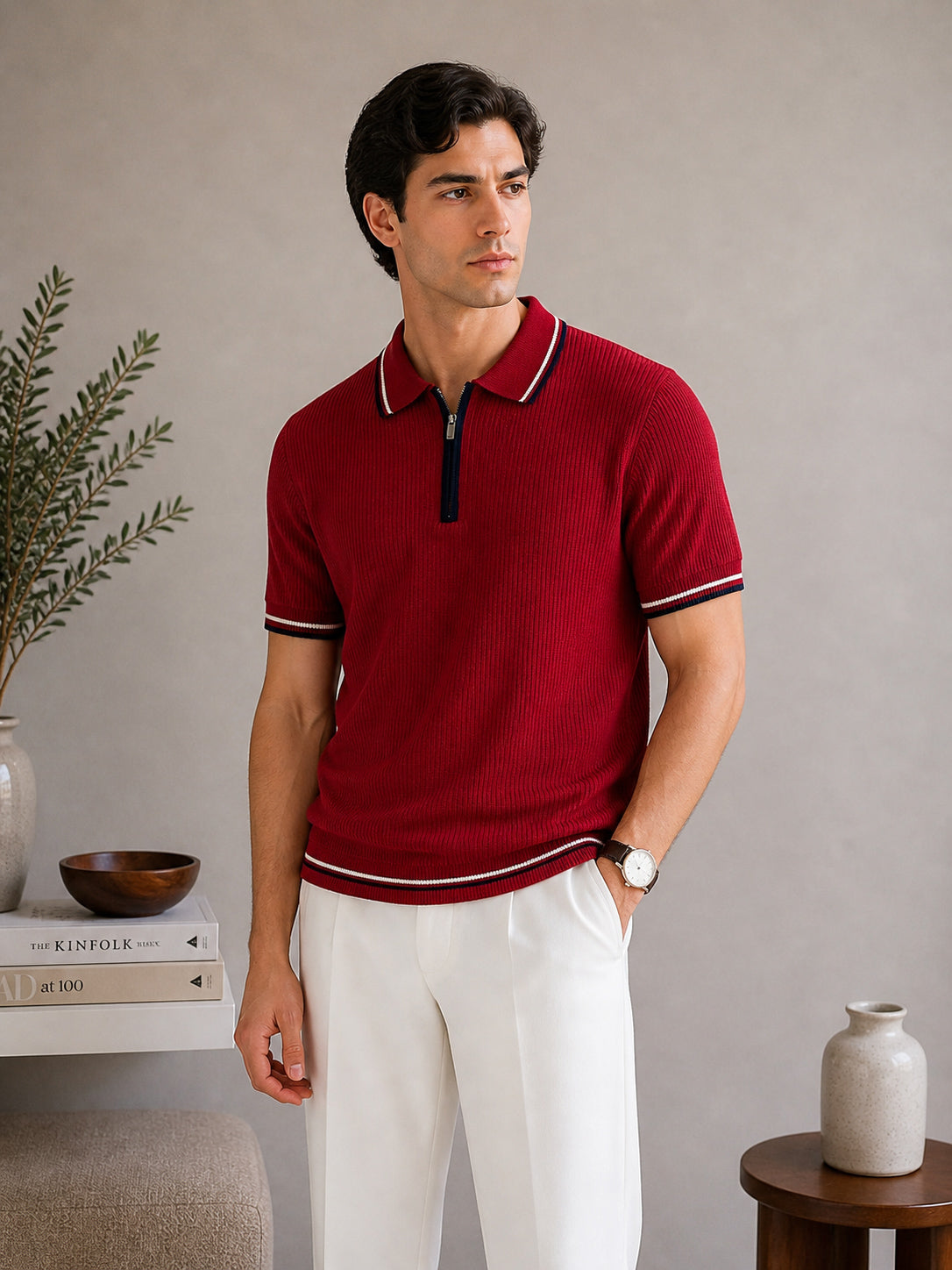 Crimson Riviera Knit Zip Knit Polo - Men