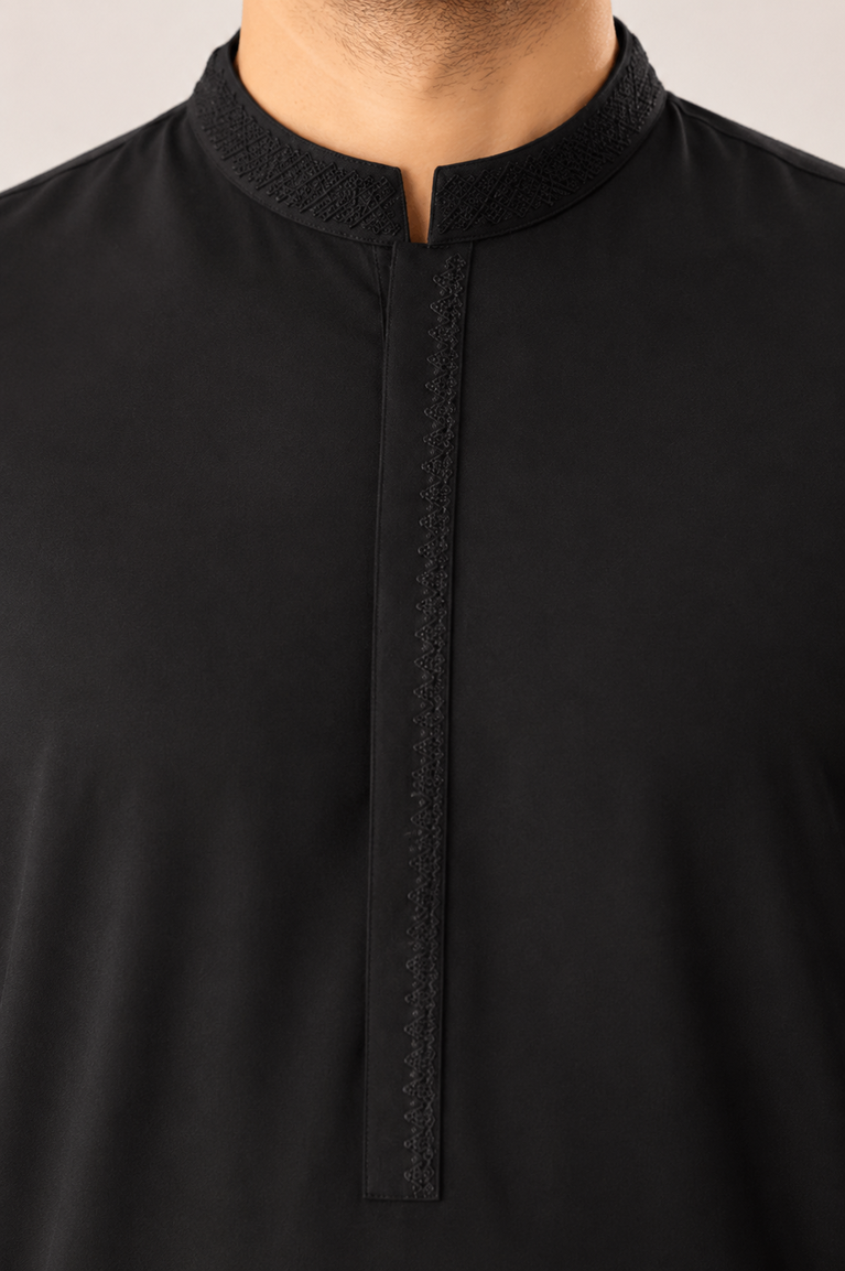 Formal Black Kurta Shalwar - Collar Neck Embroidered - Men