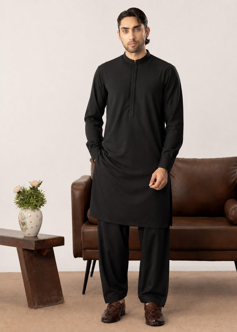 Formal Black Kurta Shalwar - Collar Neck Embroidered - Men