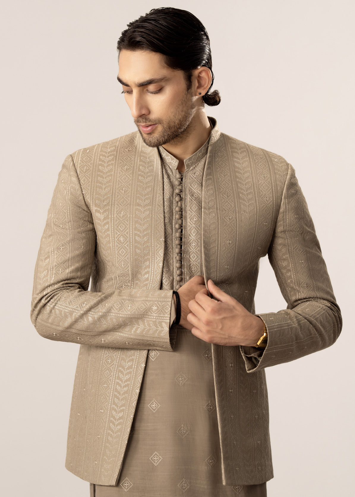 Beige Kurta Trouser with Embroidered Open Prince Coat - 3PC