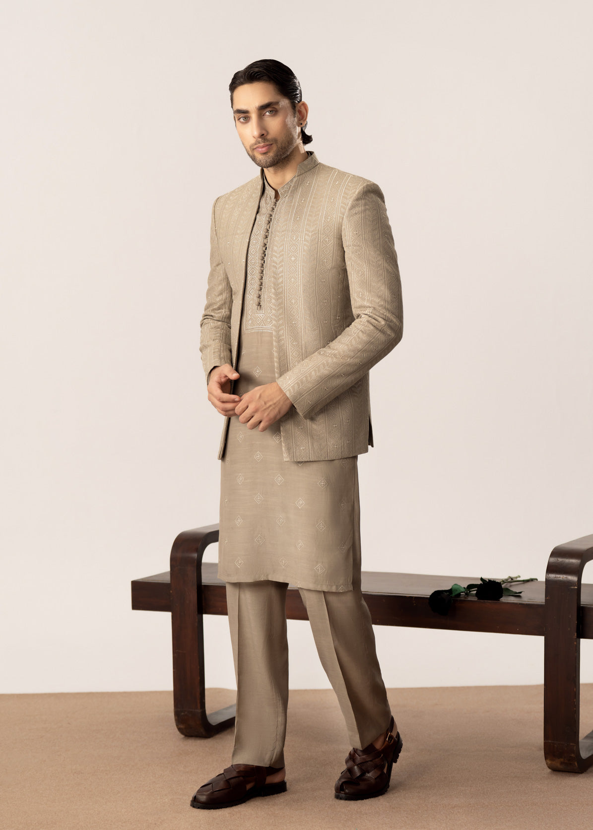 Beige Kurta Trouser with Embroidered Open Prince Coat - 3PC