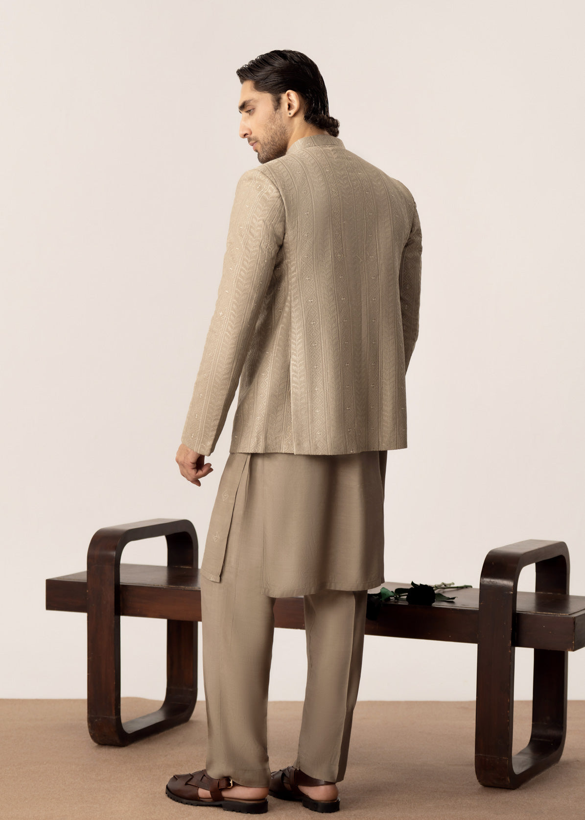 Beige Kurta Trouser with Embroidered Open Prince Coat - 3PC