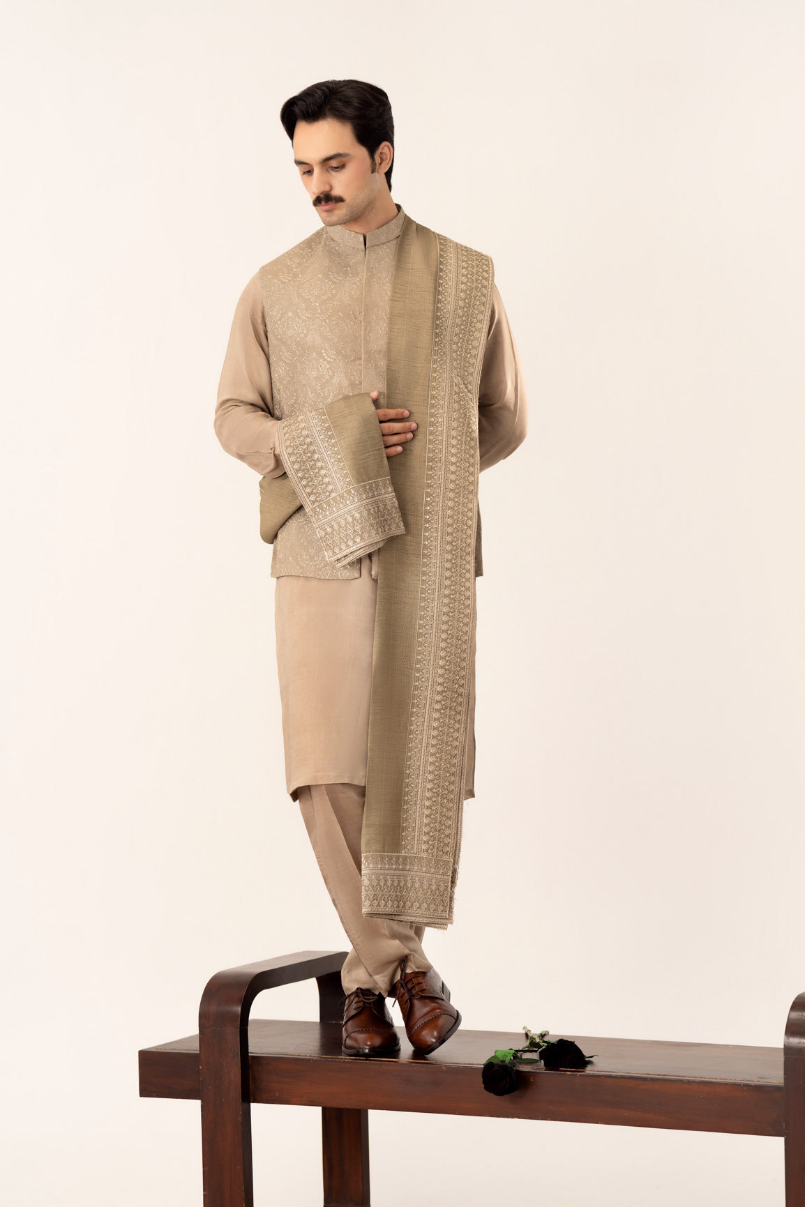Beige Kurta Trouser with Embroidered Waistcoat - 3PC