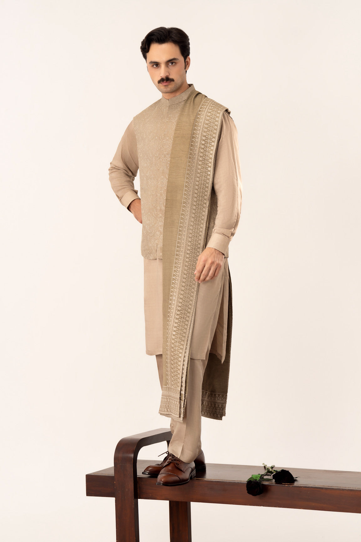 Beige Kurta Trouser with Embroidered Waistcoat - 3PC