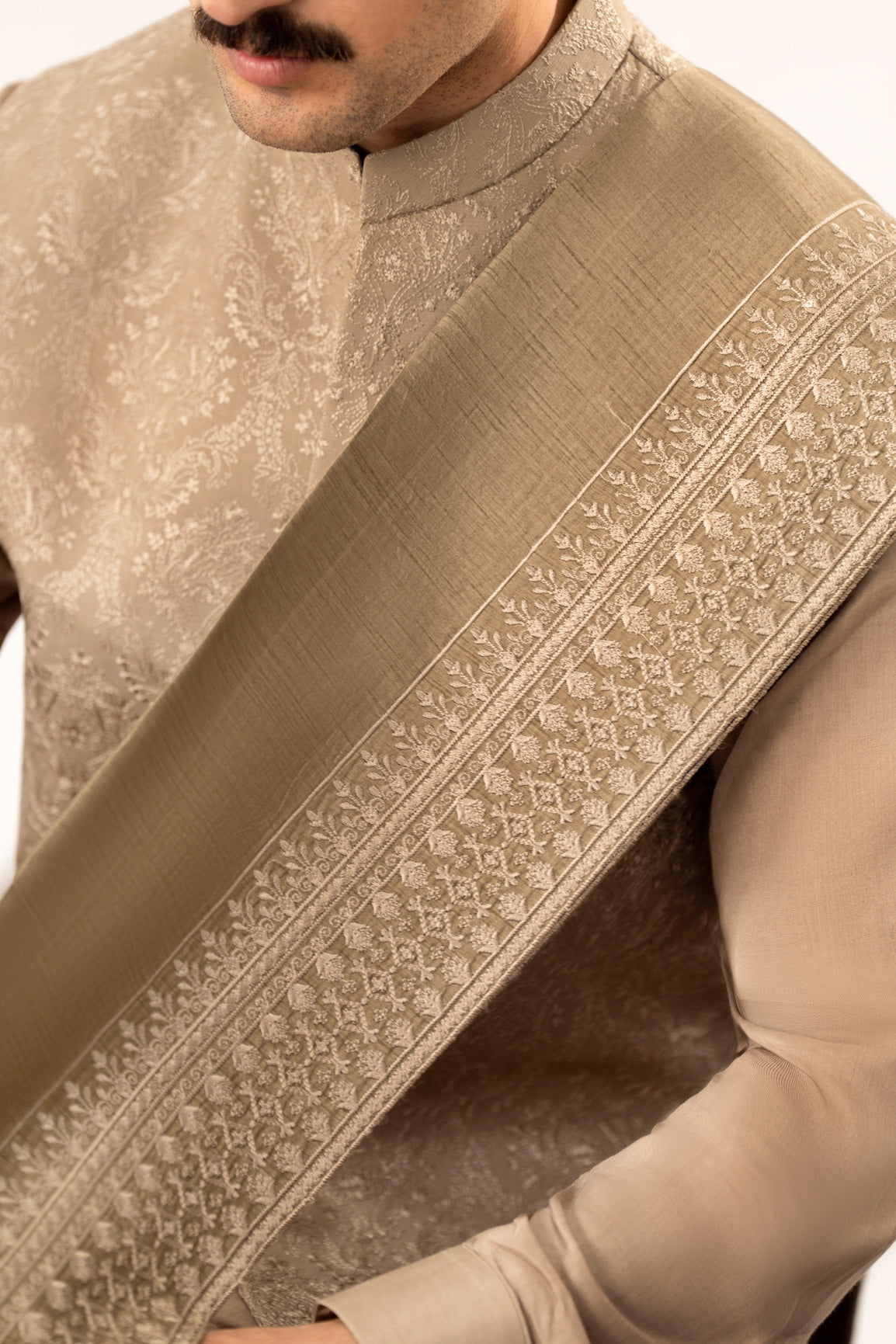 Beige Kurta Trouser with Embroidered Waistcoat - 3PC