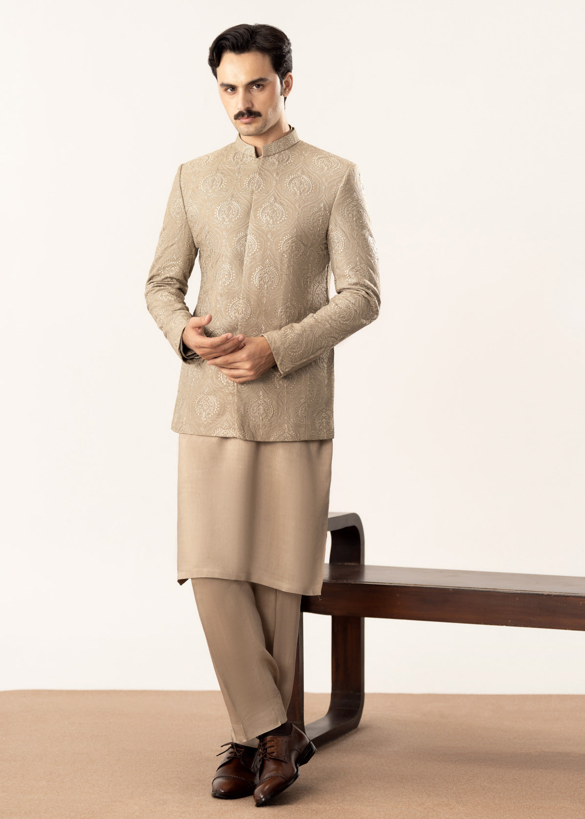 Beige Kurta Trouser with Embroidered Prince Coat - 3PC