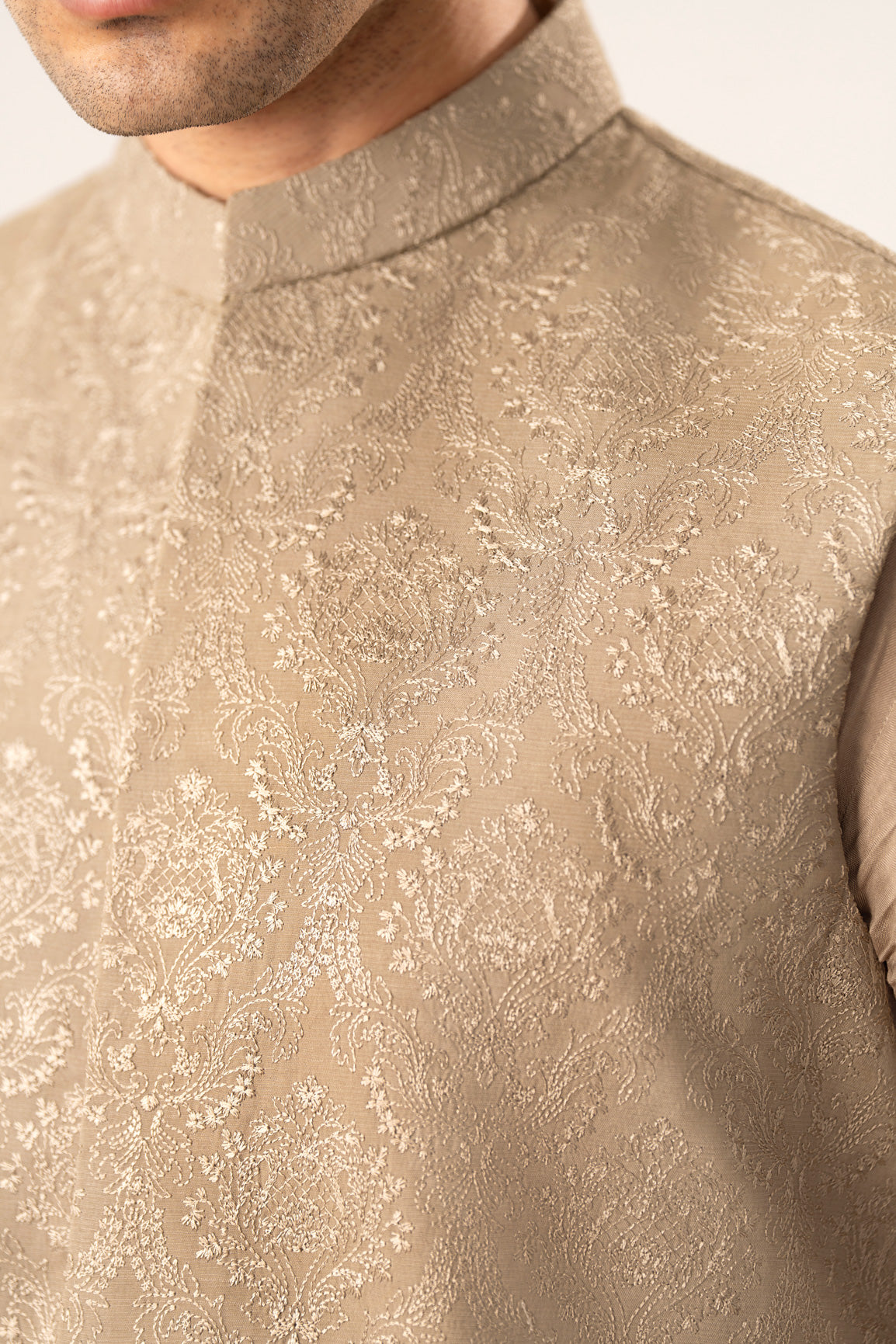 Beige Kurta Trouser with Embroidered Waistcoat - 3PC