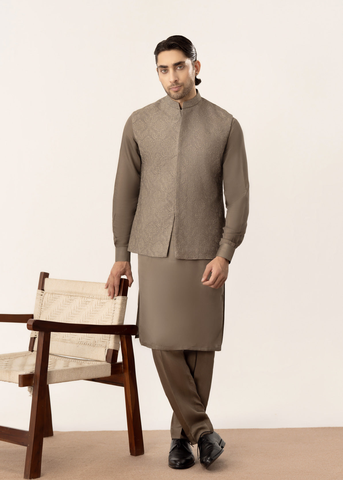 Taupe Kurta Trouser with Embroidered Waistcoat - 3PC