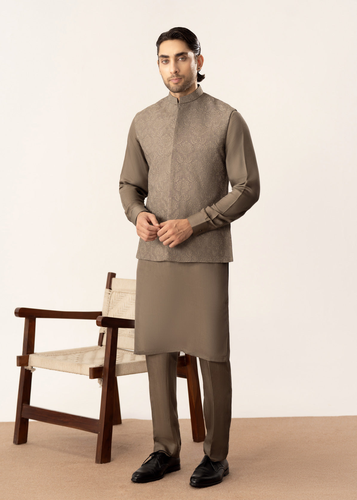 Taupe Kurta Trouser with Embroidered Waistcoat - 3PC