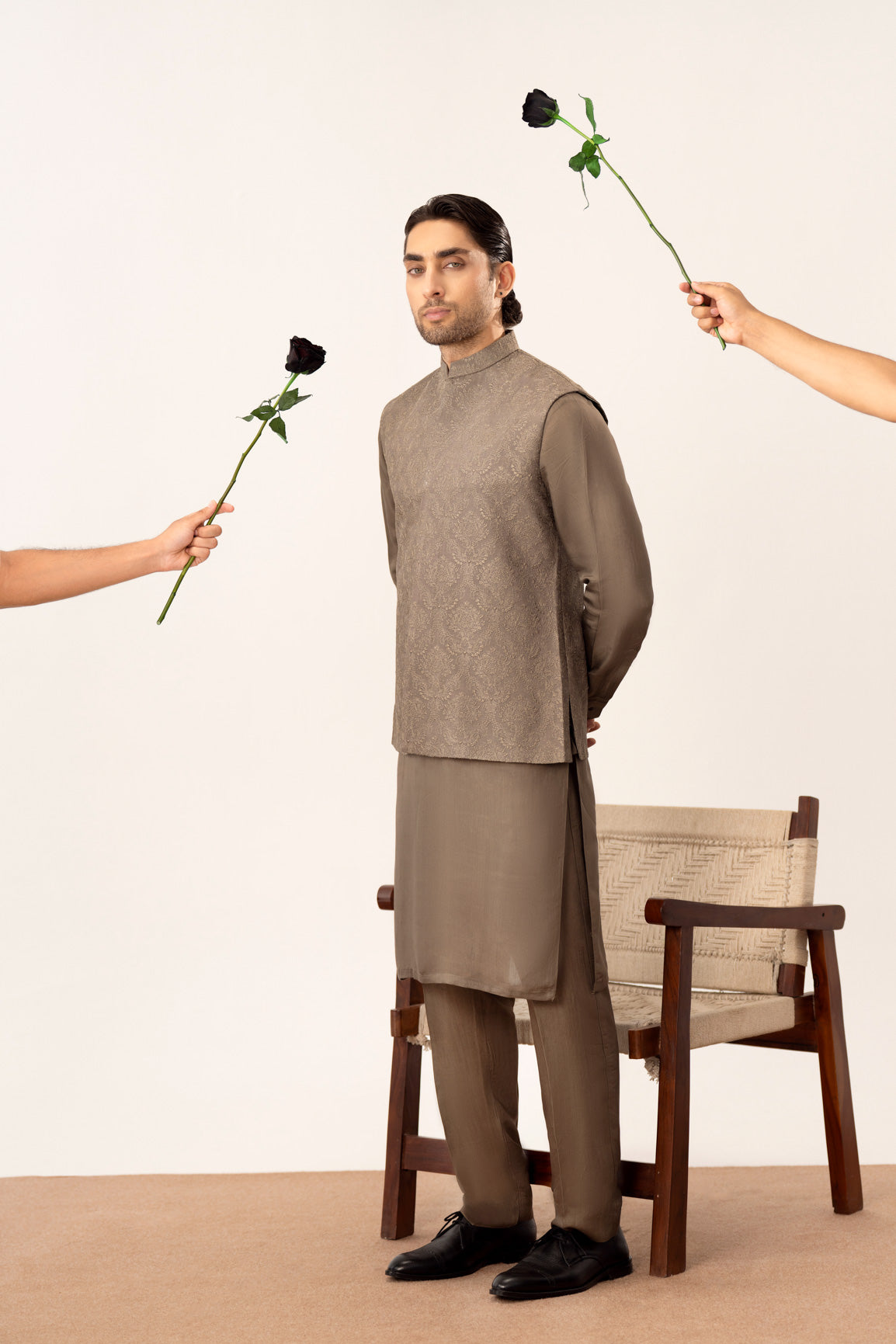 Taupe Kurta Trouser with Embroidered Waistcoat - 3PC