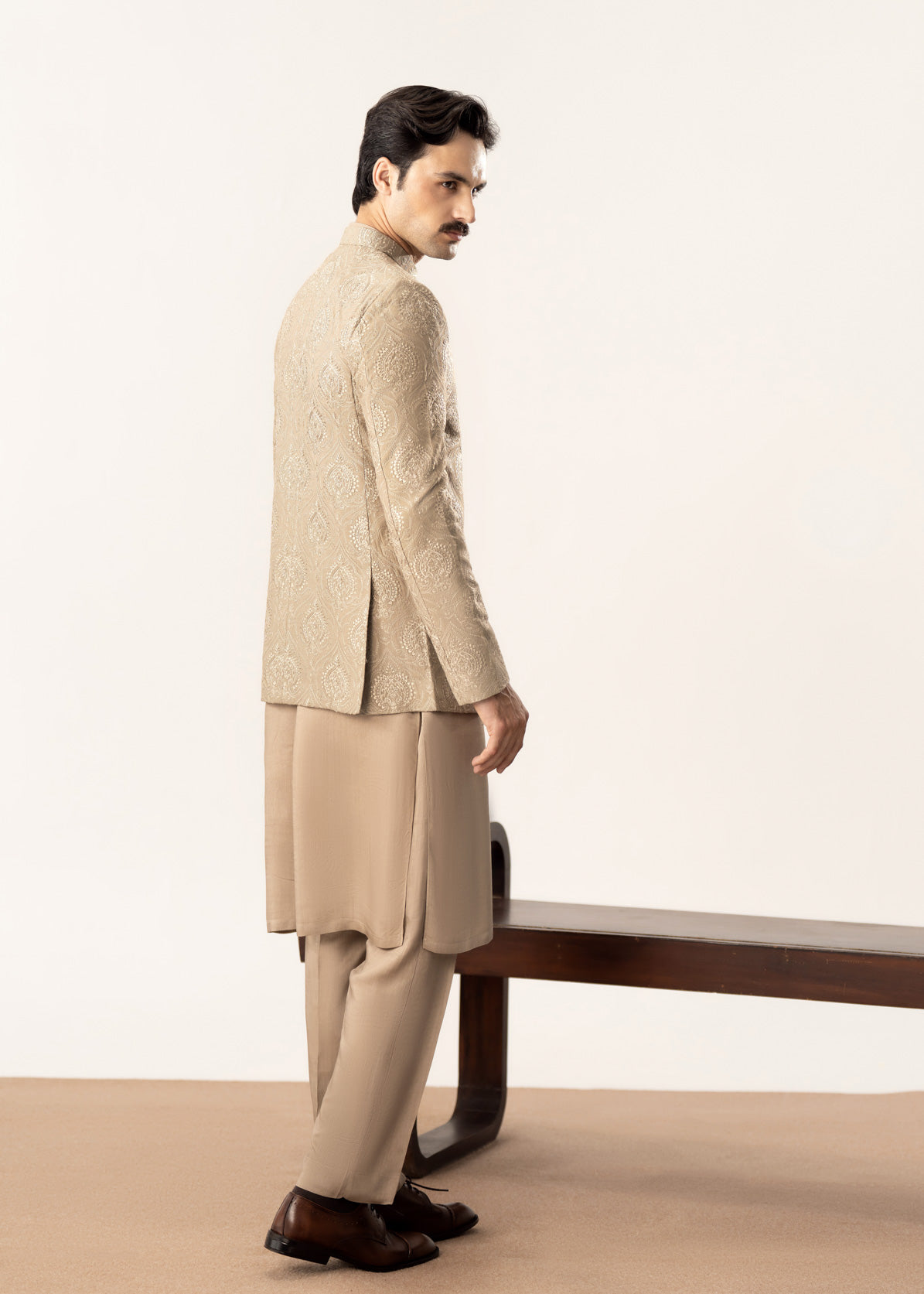 Beige Kurta Trouser with Embroidered Prince Coat - 3PC