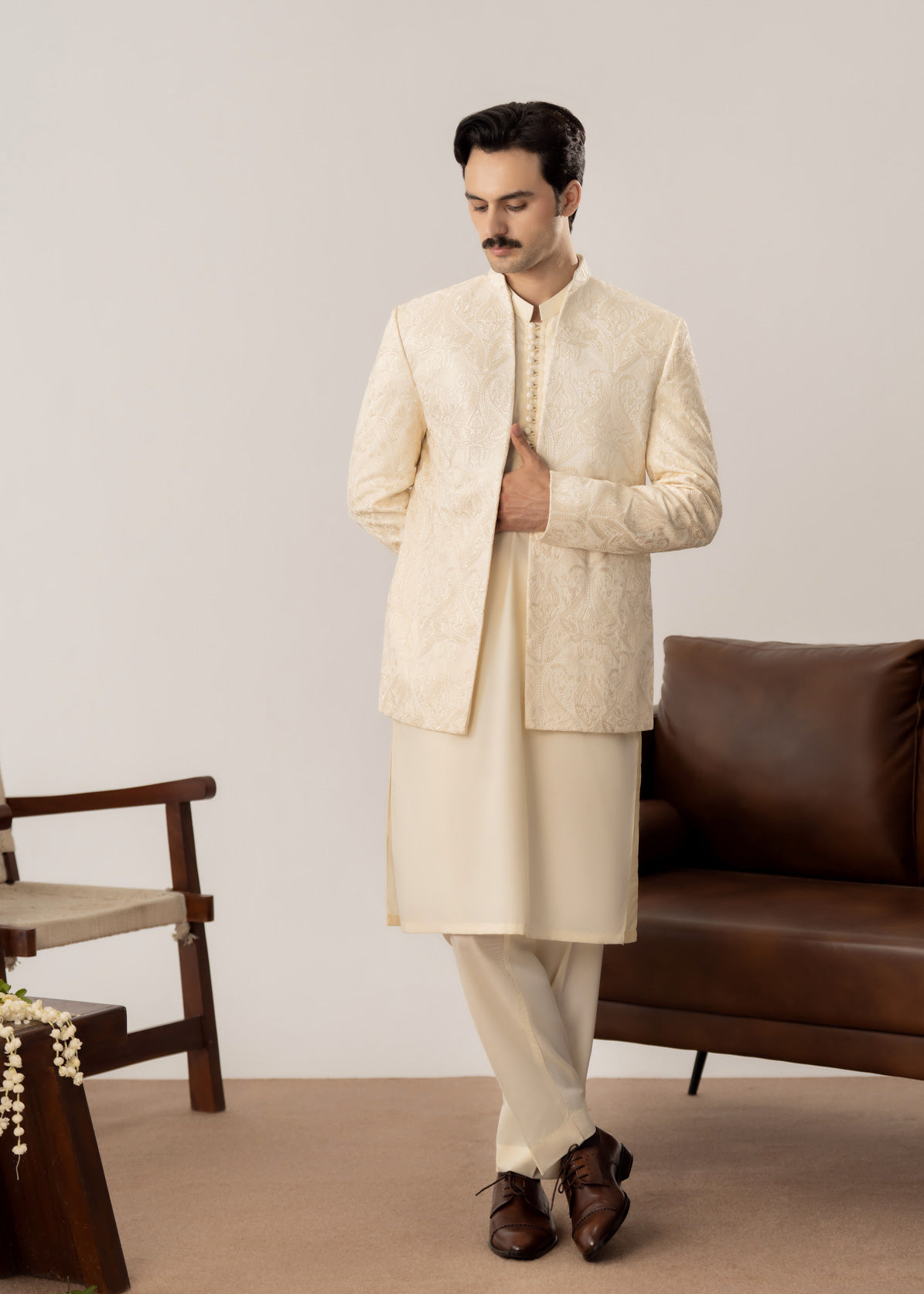 Bosky Kurta Trouser with Embroidered Open Prince Coat - 3PC - Men