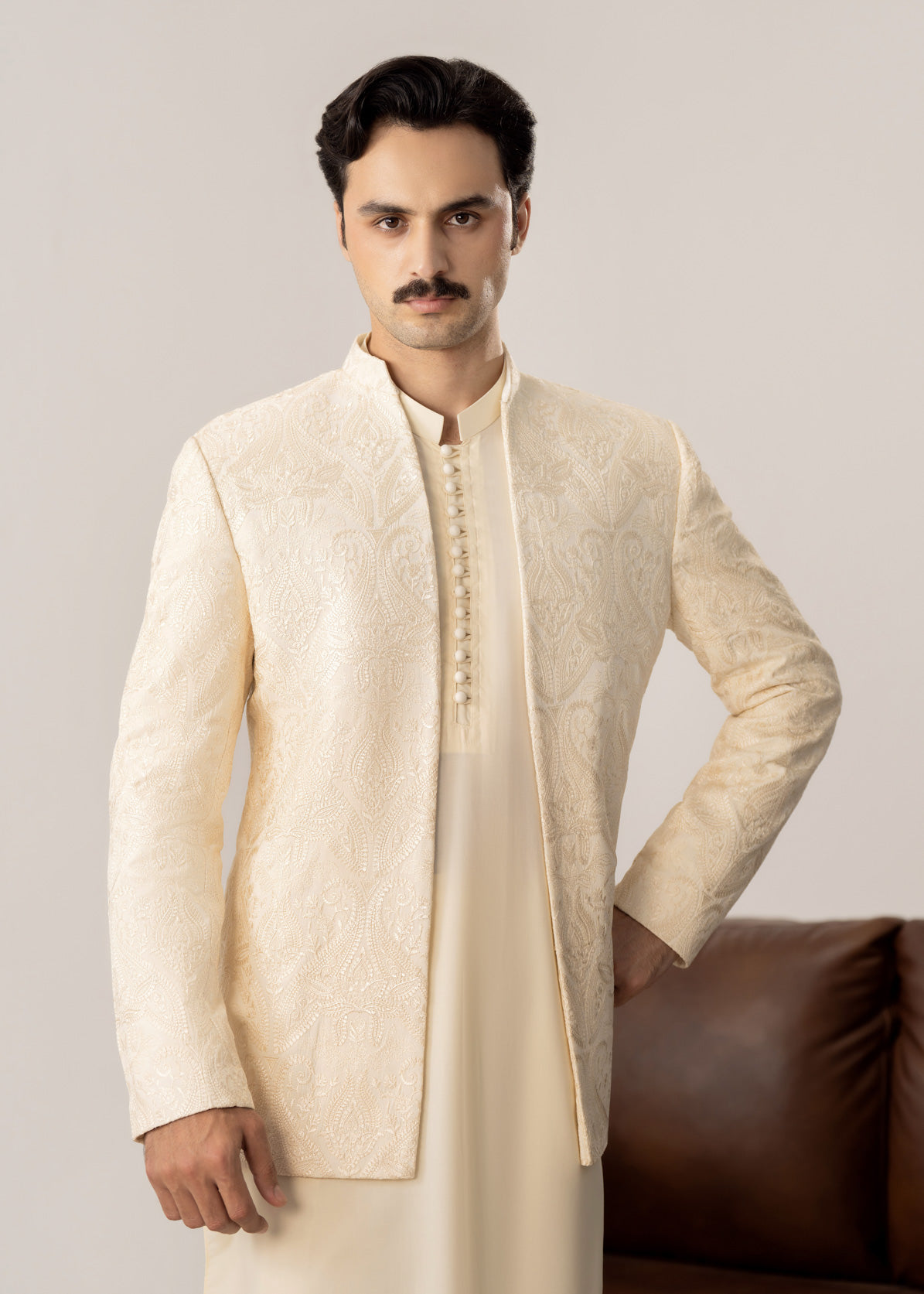 Bosky Kurta Trouser with Embroidered Open Prince Coat - 3PC - Men