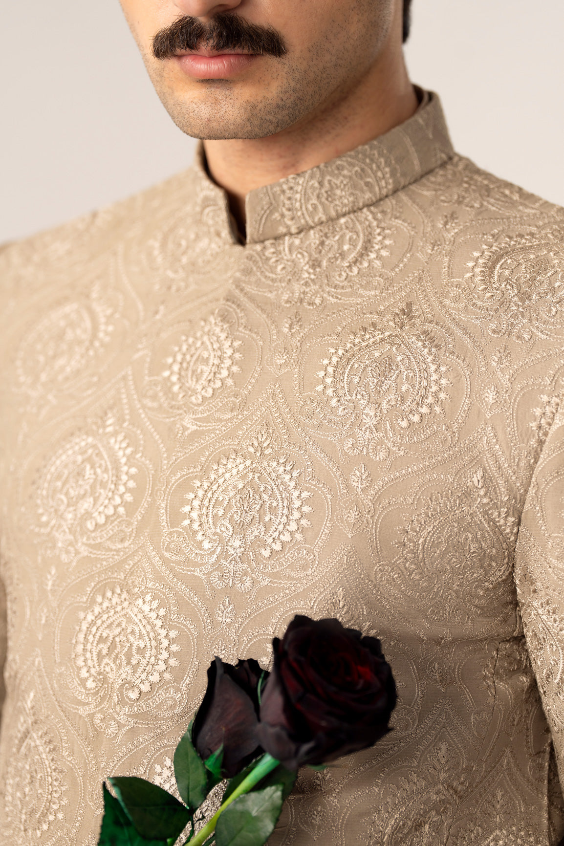 Beige Kurta Trouser with Embroidered Prince Coat - 3PC