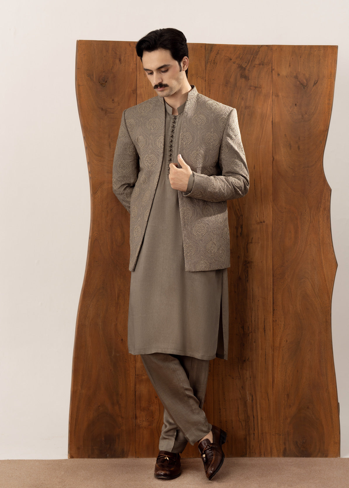 Taupe Kurta Trouser with Embroidered Open Prince Coat - 3PC - Men