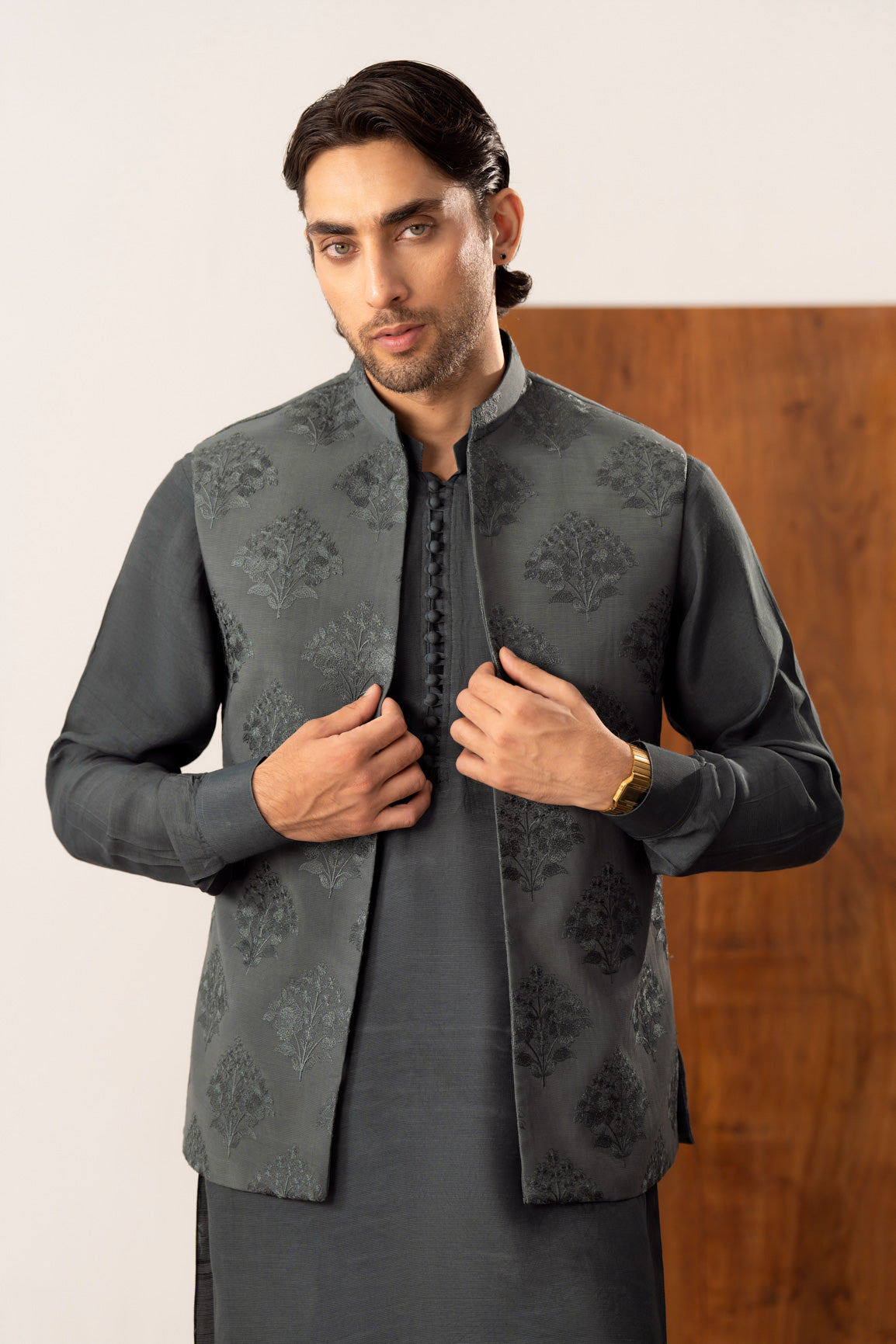 Army Green Kurta Trouser with Open Embroidered Waistcoat - 3PC - Men