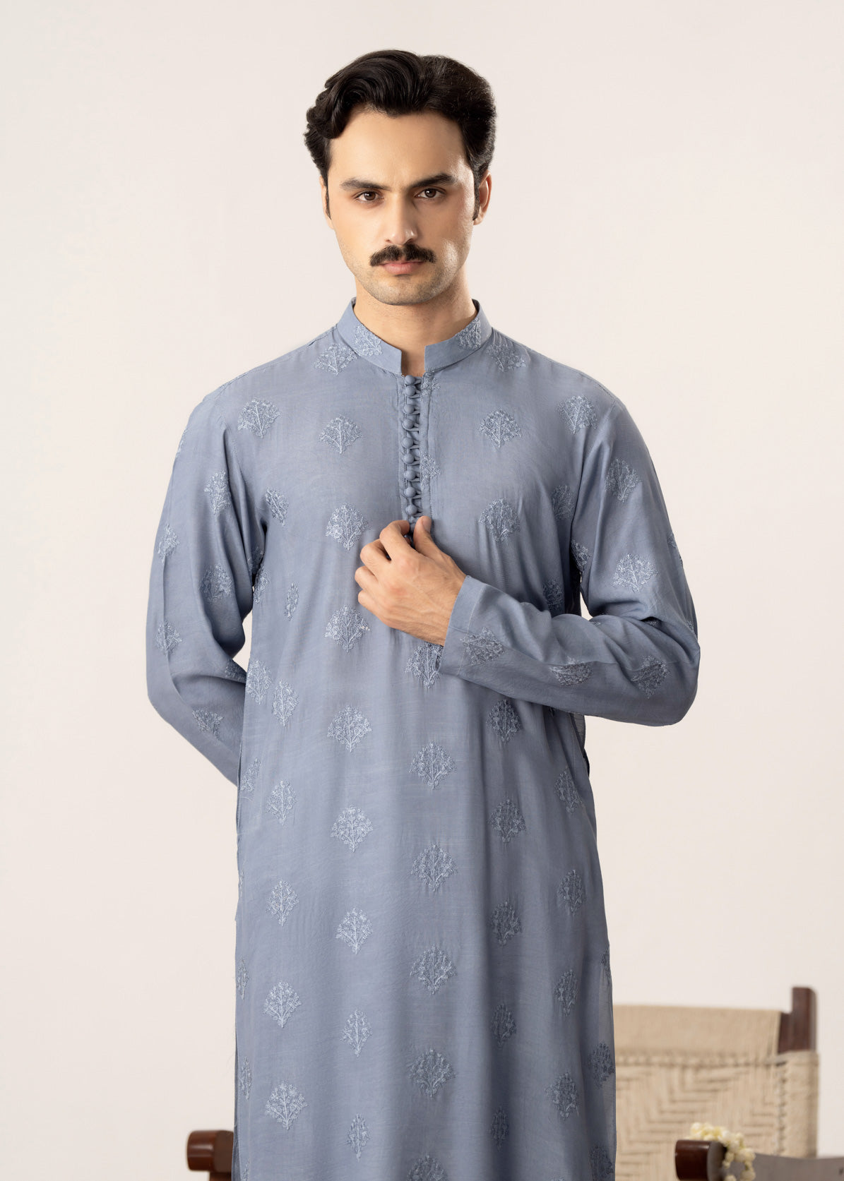 Virsa - Ice Blue Raw Silk Embroidered Kurta Trouser