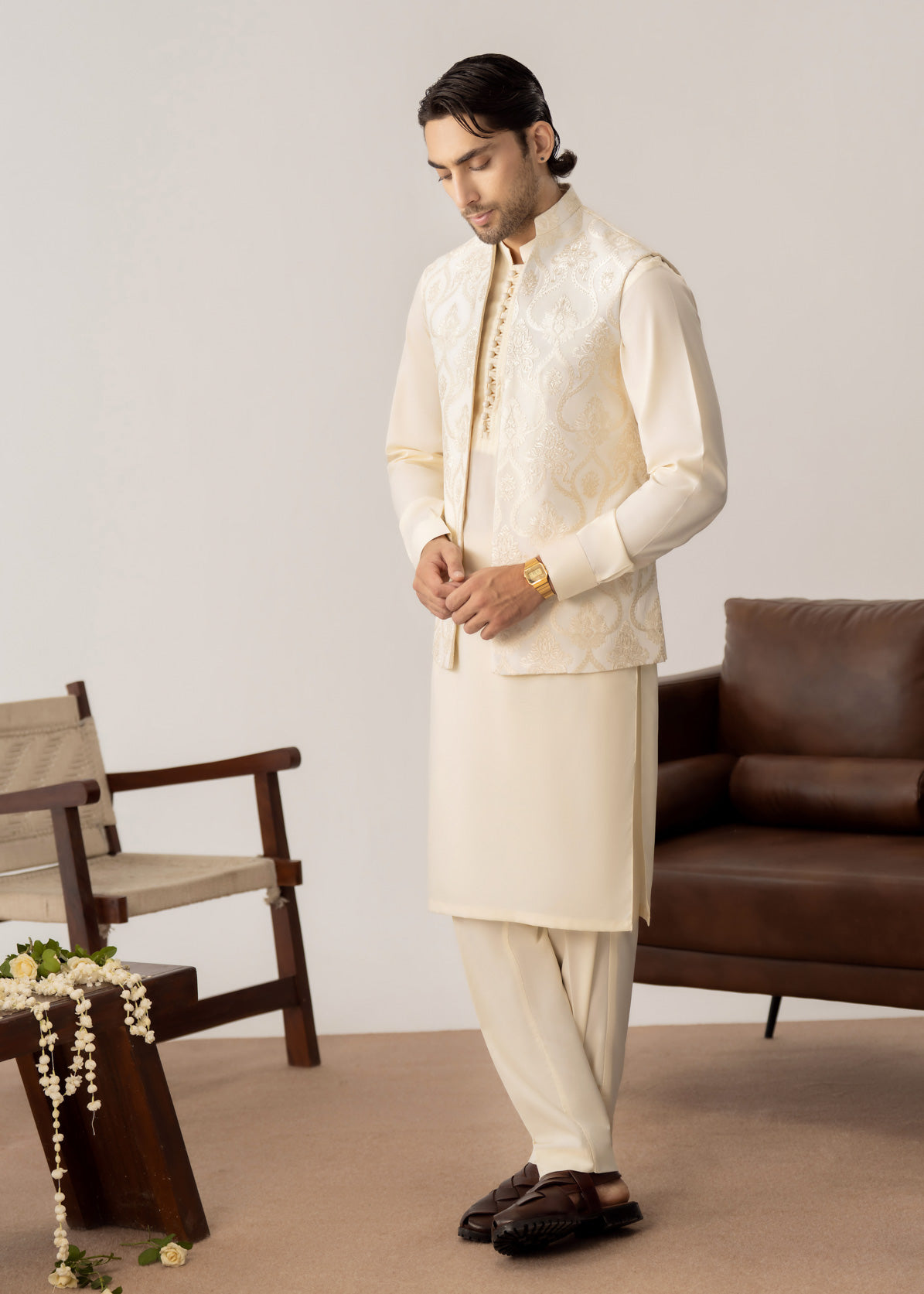 Bosky White Kurta Trouser with Open Embroidered Waistcoat - 3PC - Men