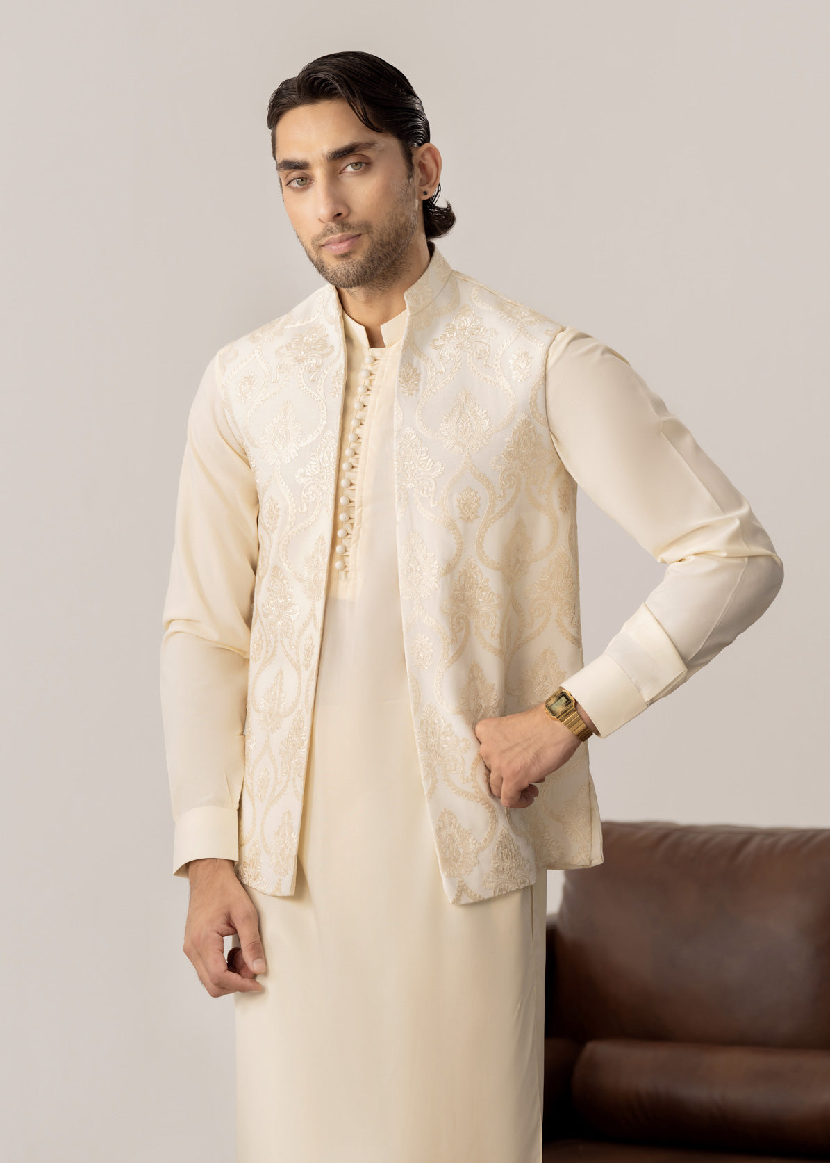 Bosky White Kurta Trouser with Open Embroidered Waistcoat - 3PC - Men