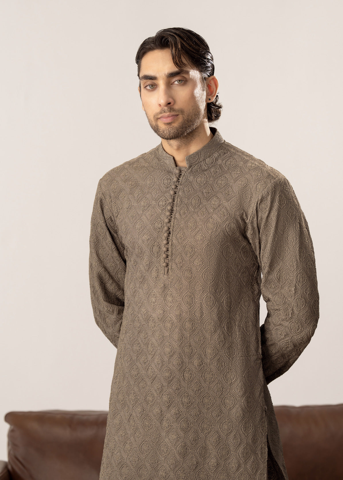 Maahir - Taupe Raw Silk Embroidered Kurta Trouser