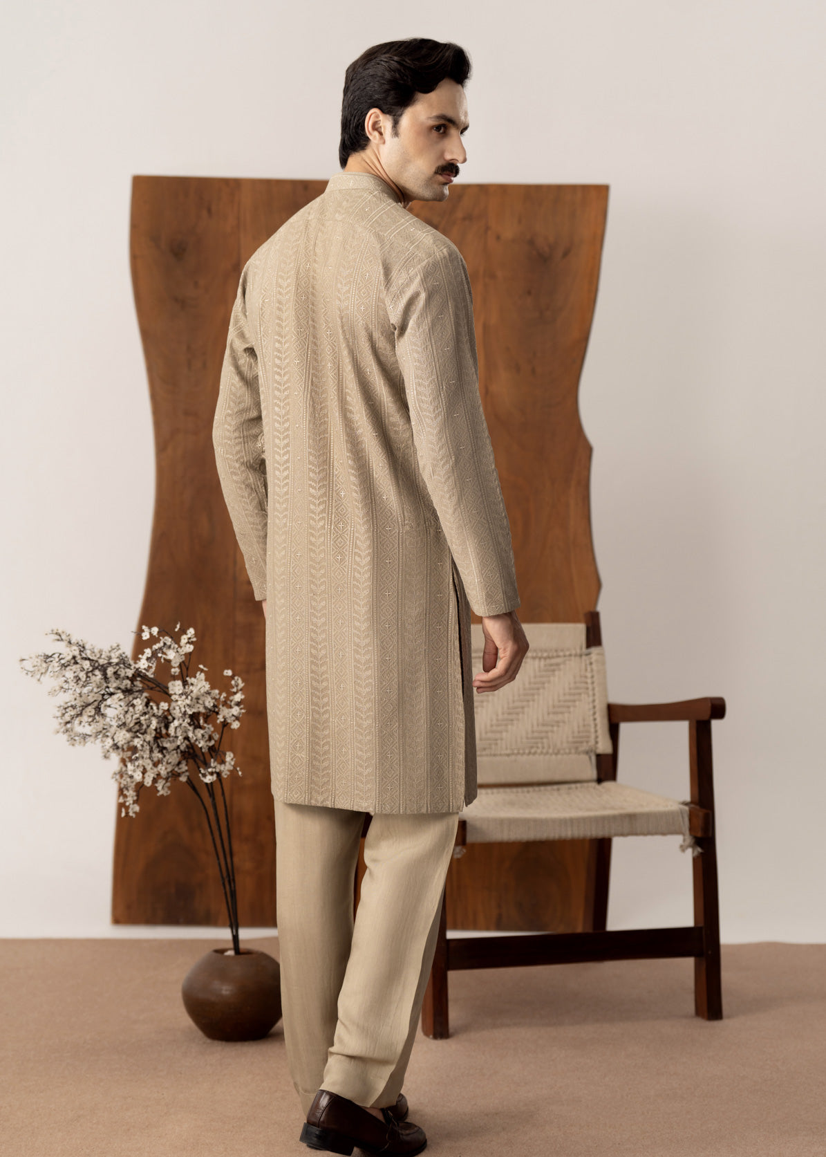 Shauq - Beige Embroidered Kurta Trouser - Men