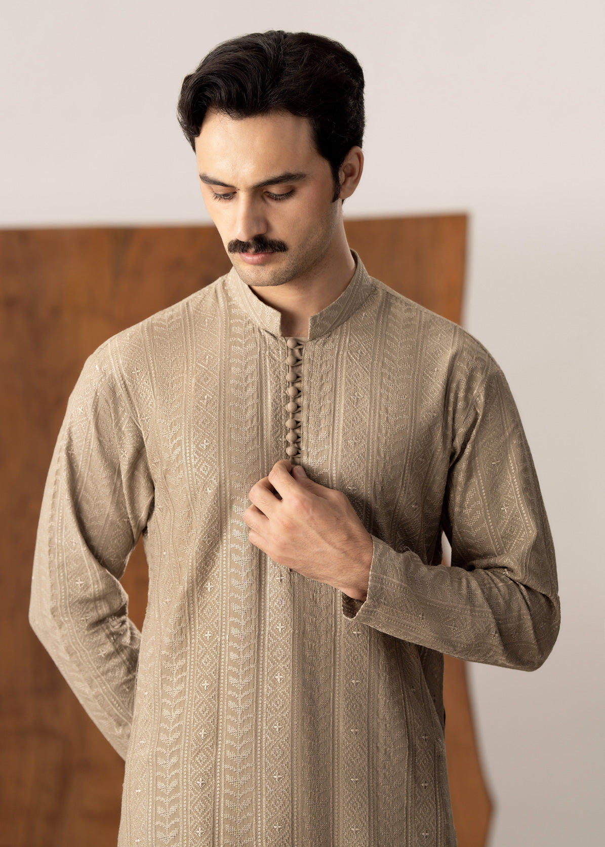 Shauq - Beige Raw Silk Embroidered Kurta Trouser