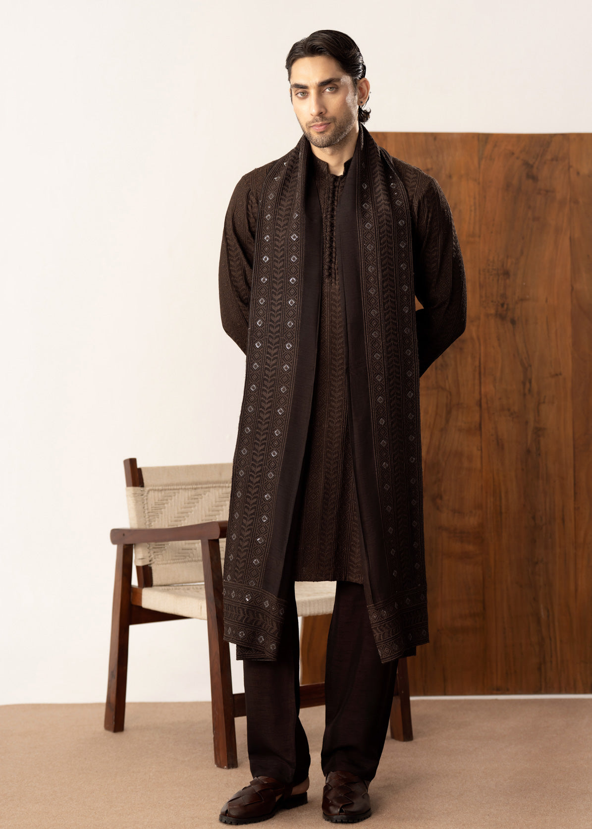 Riwaaj - Brown Embroidered Kurta Trouser