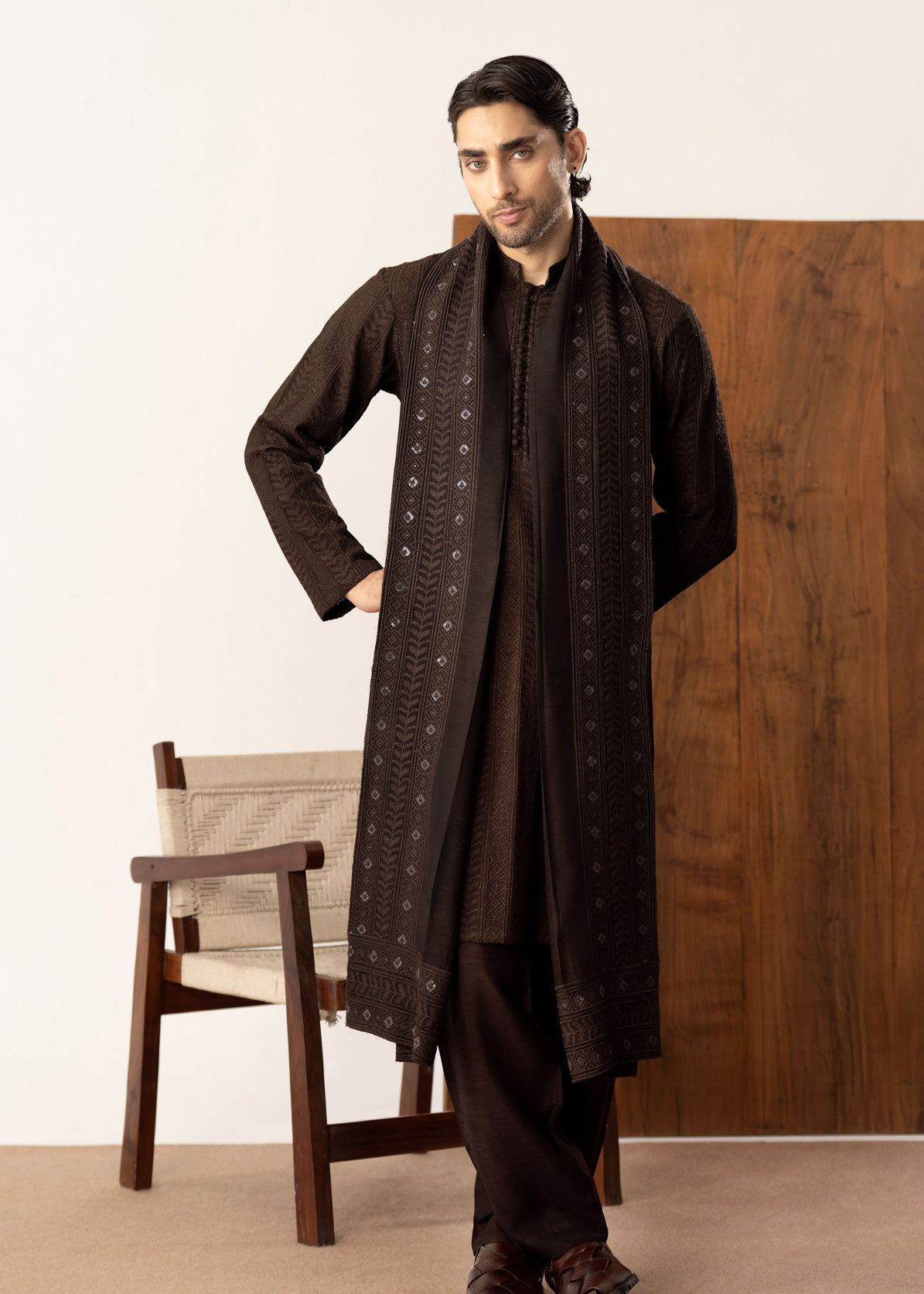Riwaaj - Brown Raw Silk Embroidered Kurta Trouser