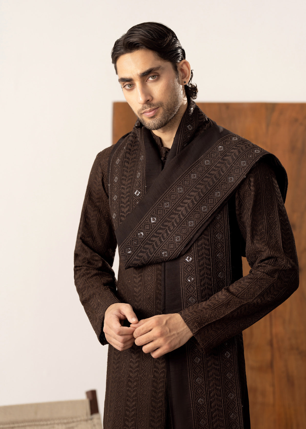 Riwaaj - Brown Raw Silk Embroidered Kurta Trouser