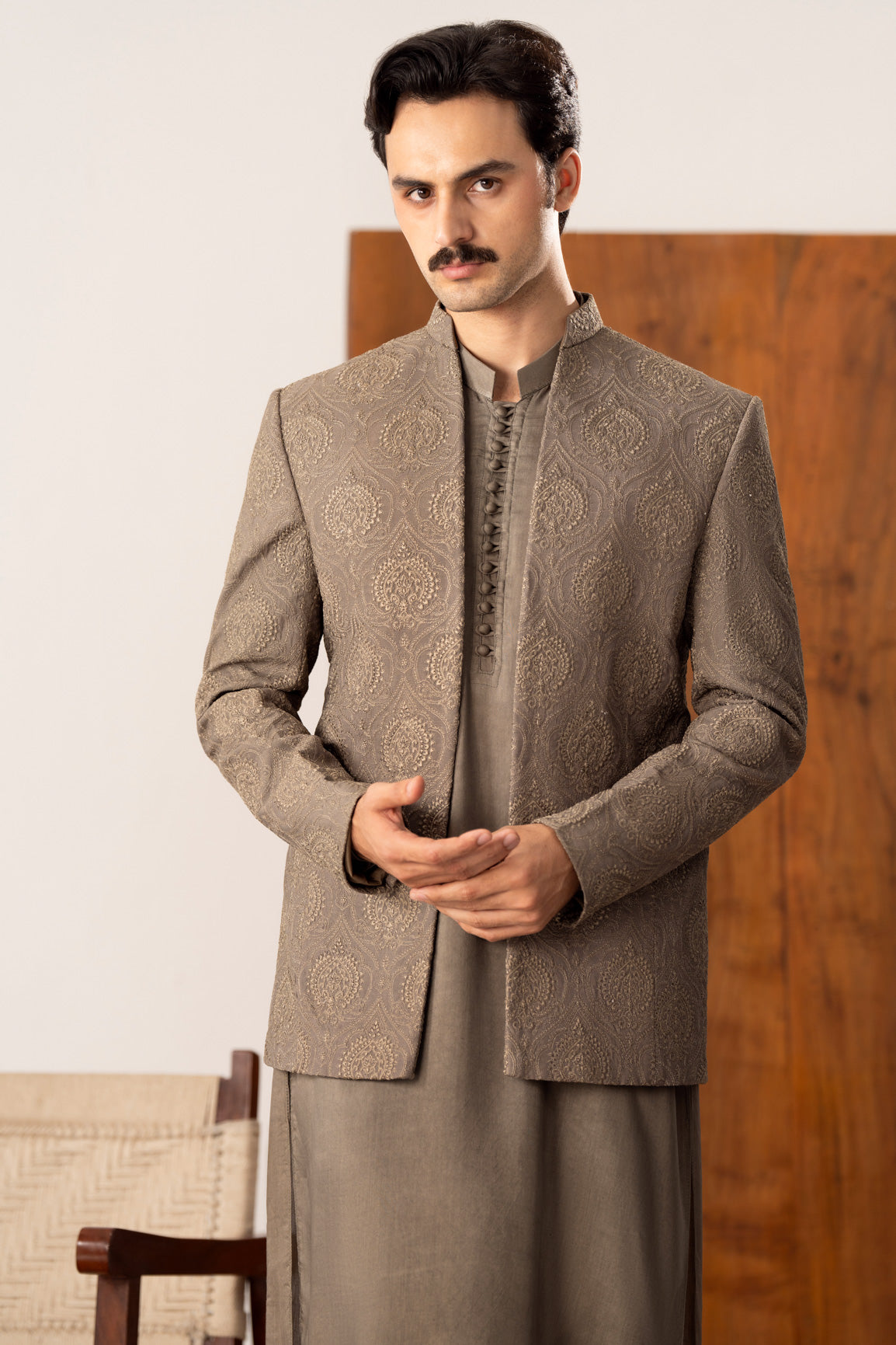 Taupe Kurta Trouser with Embroidered Open Prince Coat - 3PC - Men
