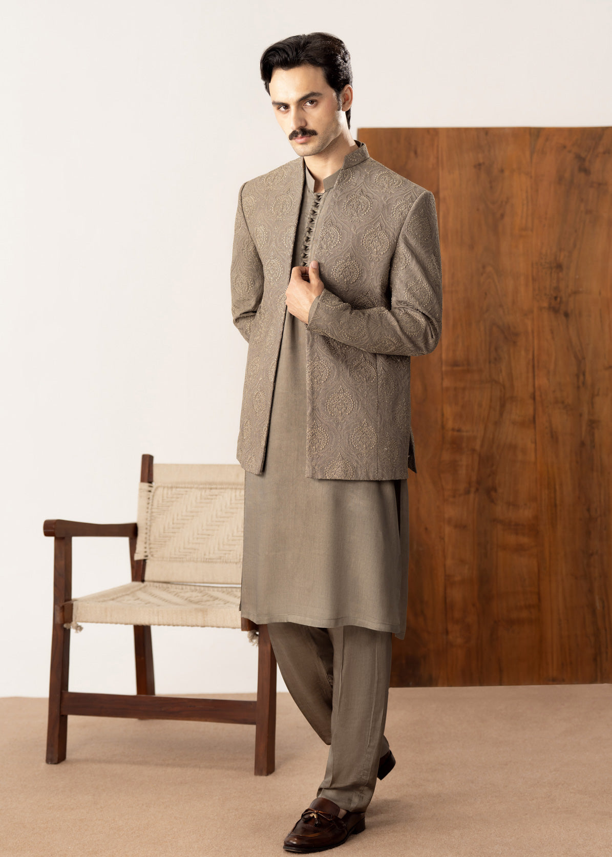 Taupe Kurta Trouser with Embroidered Open Prince Coat - 3PC - Men