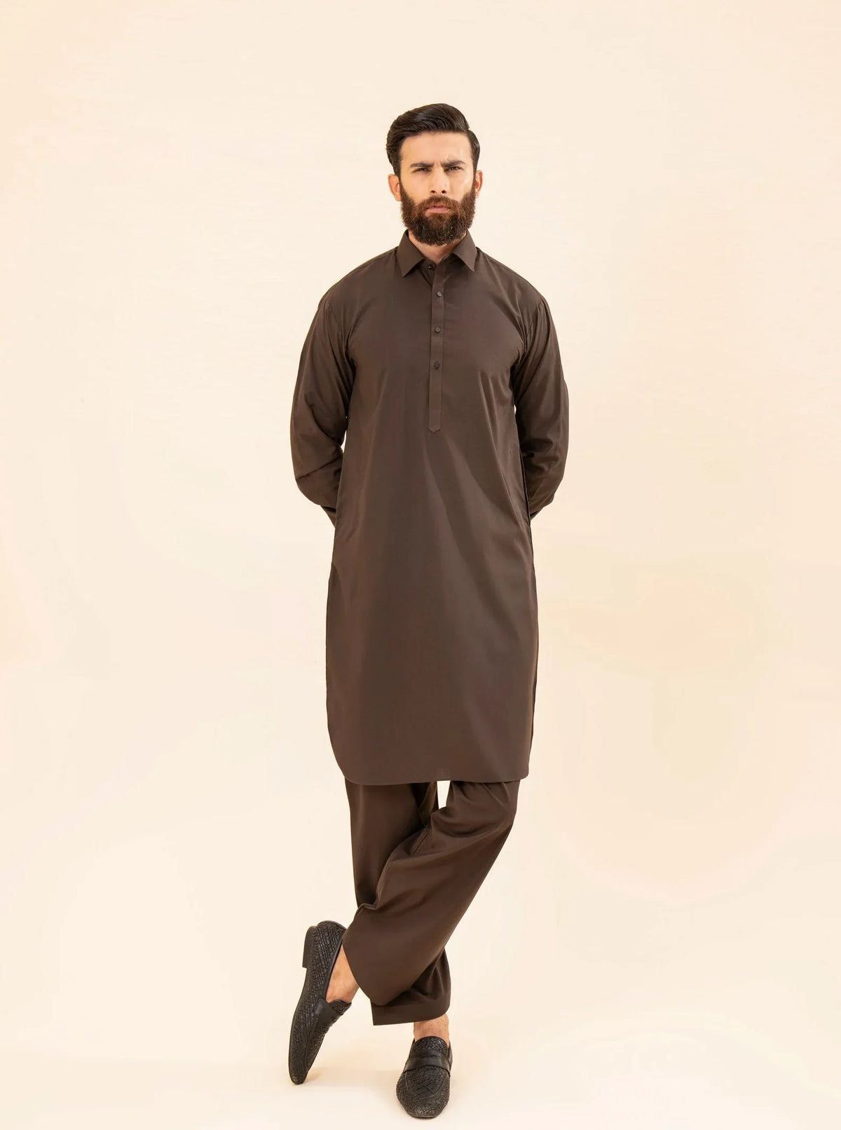 Dark Brown French Collar Kameez Shalwar - Men - Muraqsh -- Menswear