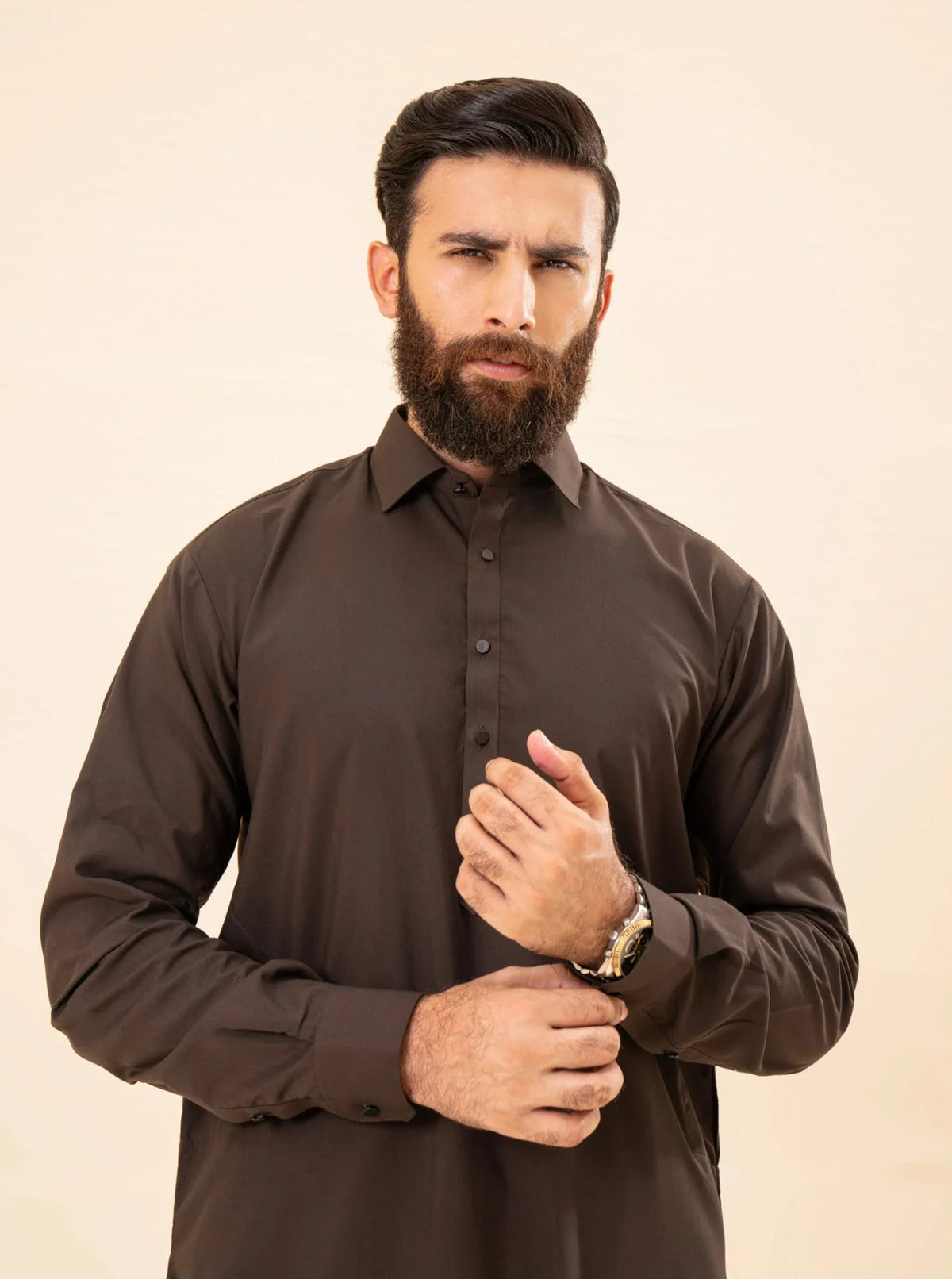 Dark Brown French Collar Kameez Shalwar - Men - Muraqsh -- Menswear
