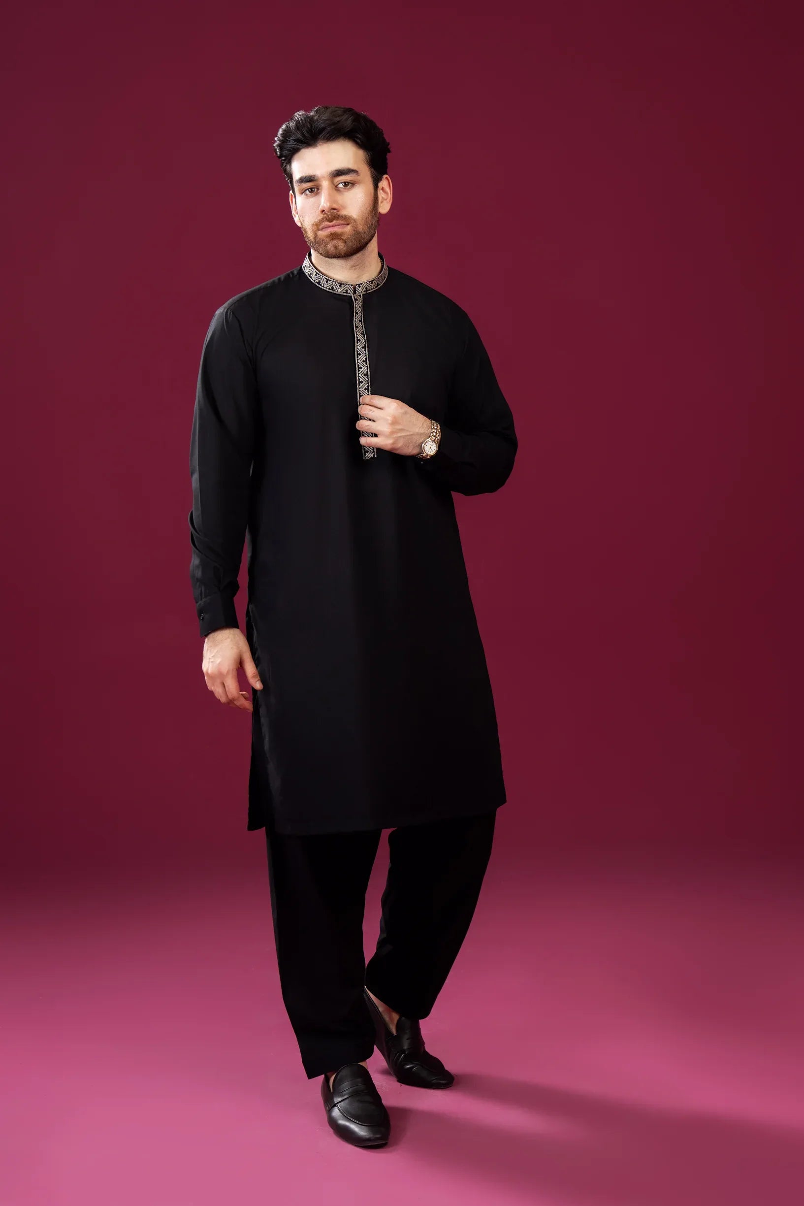 Formal Black Kurta Shalwar - Pattern Collar Neck Embroidered - Men - Muraqsh -- Menswear