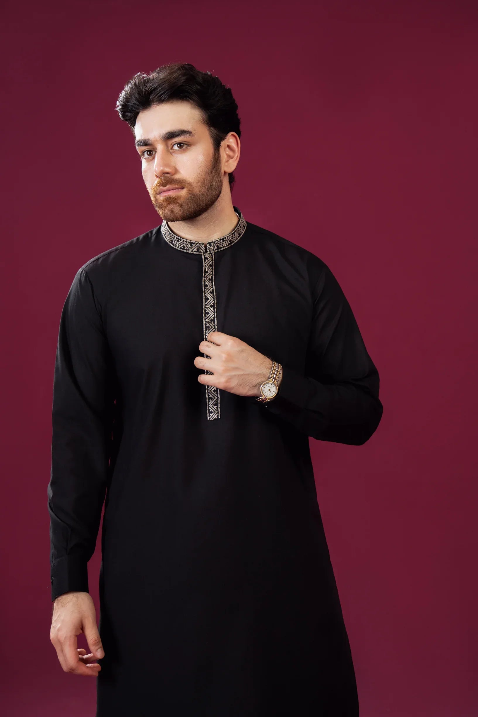 Formal Black Kurta Shalwar - Pattern Collar Neck Embroidered - Men - Muraqsh -- Menswear