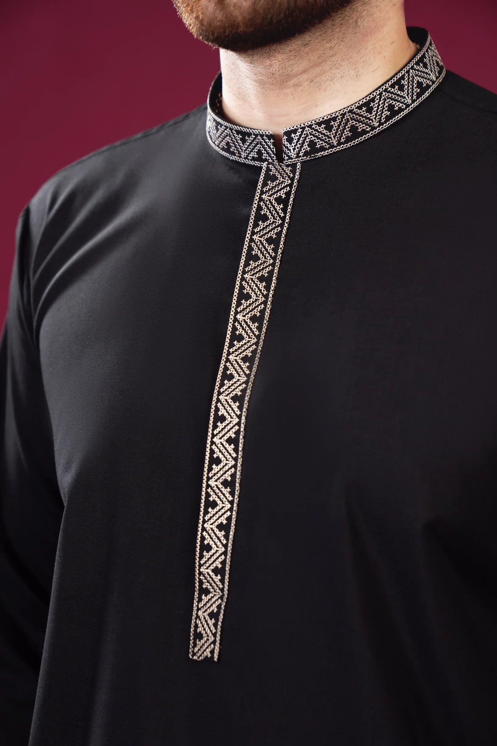 Formal Black Kurta Shalwar - Pattern Collar Neck Embroidered - Men - Muraqsh -- Menswear