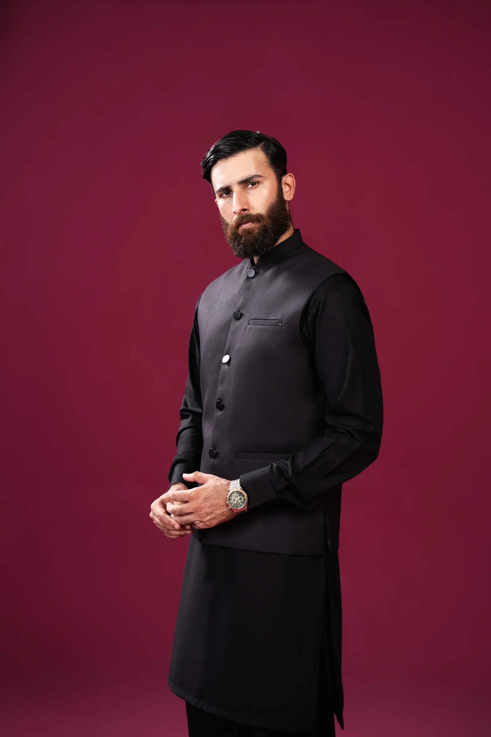 Black Kameez Shalwar with Suiting Waistcoat - Straight Cut - Men - Muraqsh -- Menswear