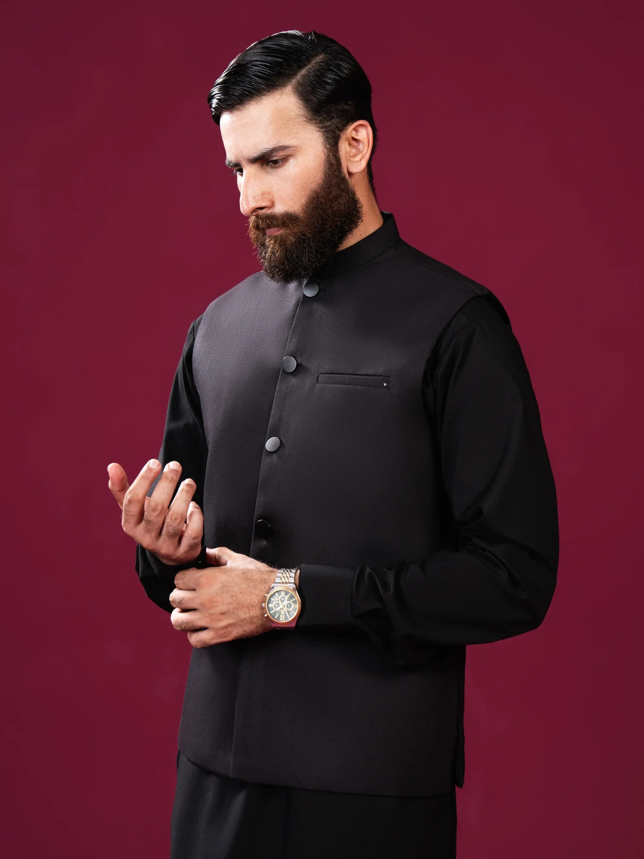 Black Suiting Waistcoat - Straight Cut Buttoned - Men - Muraqsh -- Menswear
